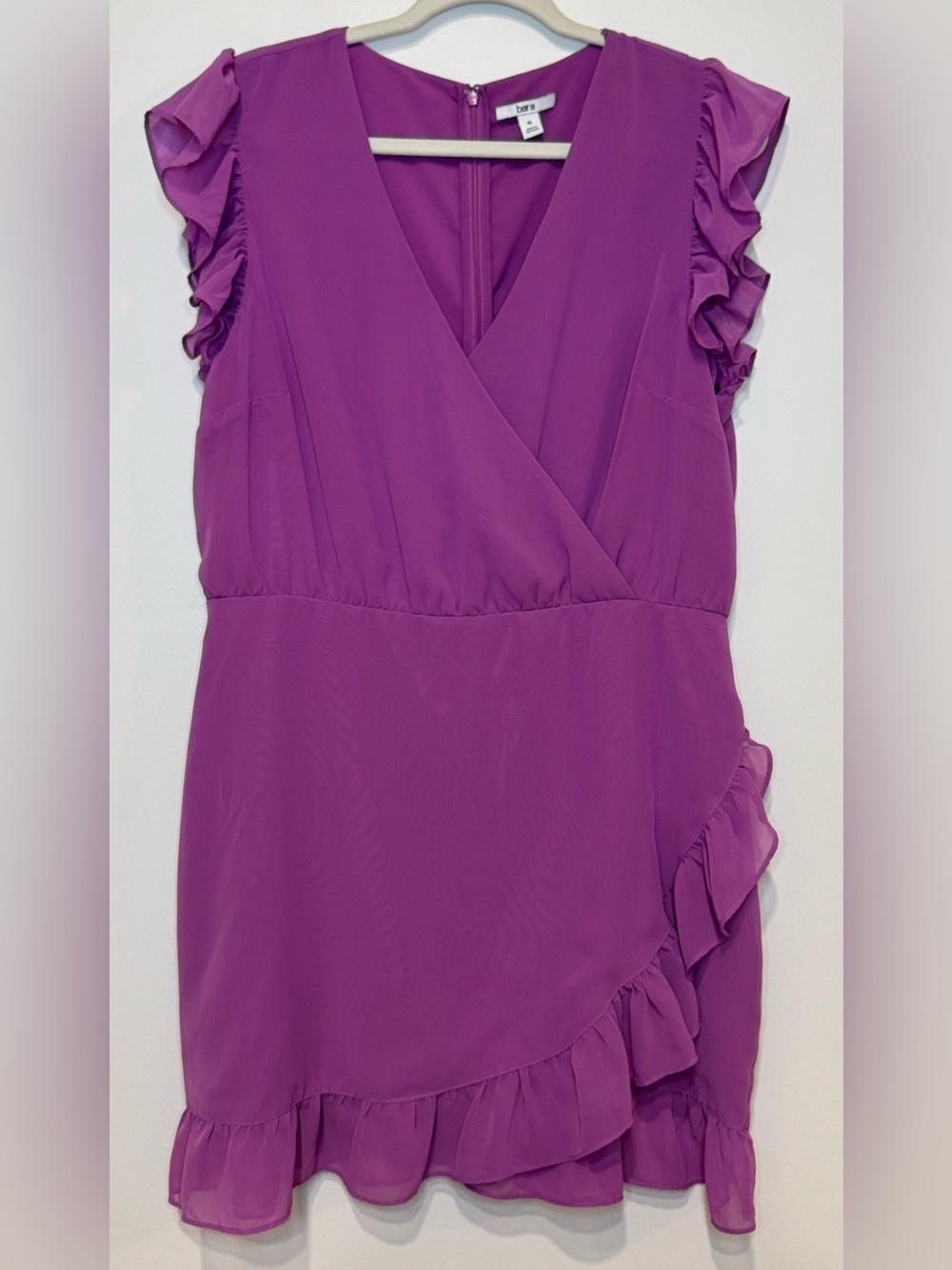 Bar III Women’s Faux Wrap Ruffle Trim Cocktail Dress in Magenta Purple Size XL